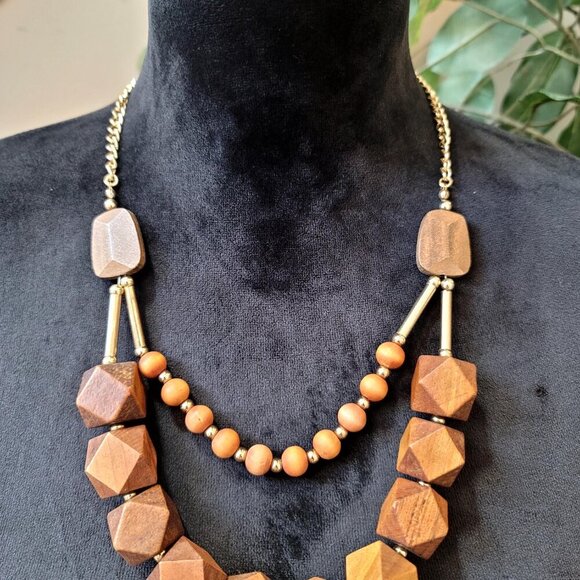 VTG Womens Brown Wood Bead Geometric Cut Chunky Boho Necklace with Lobster Clasp - Picture 2 of 6